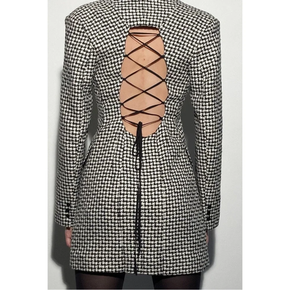 ZARA Tweed Houndstooth Lace Up Open Back Preppy Academia Blazer Mini Dress S - Picture 2 of 16